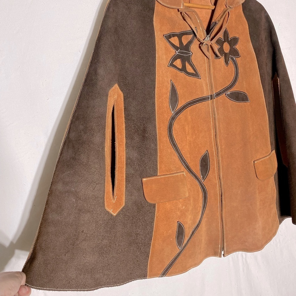 Vintage Two Tone Tan Brown Suede Leather Cape M Boho Western - Picture 11 of 16